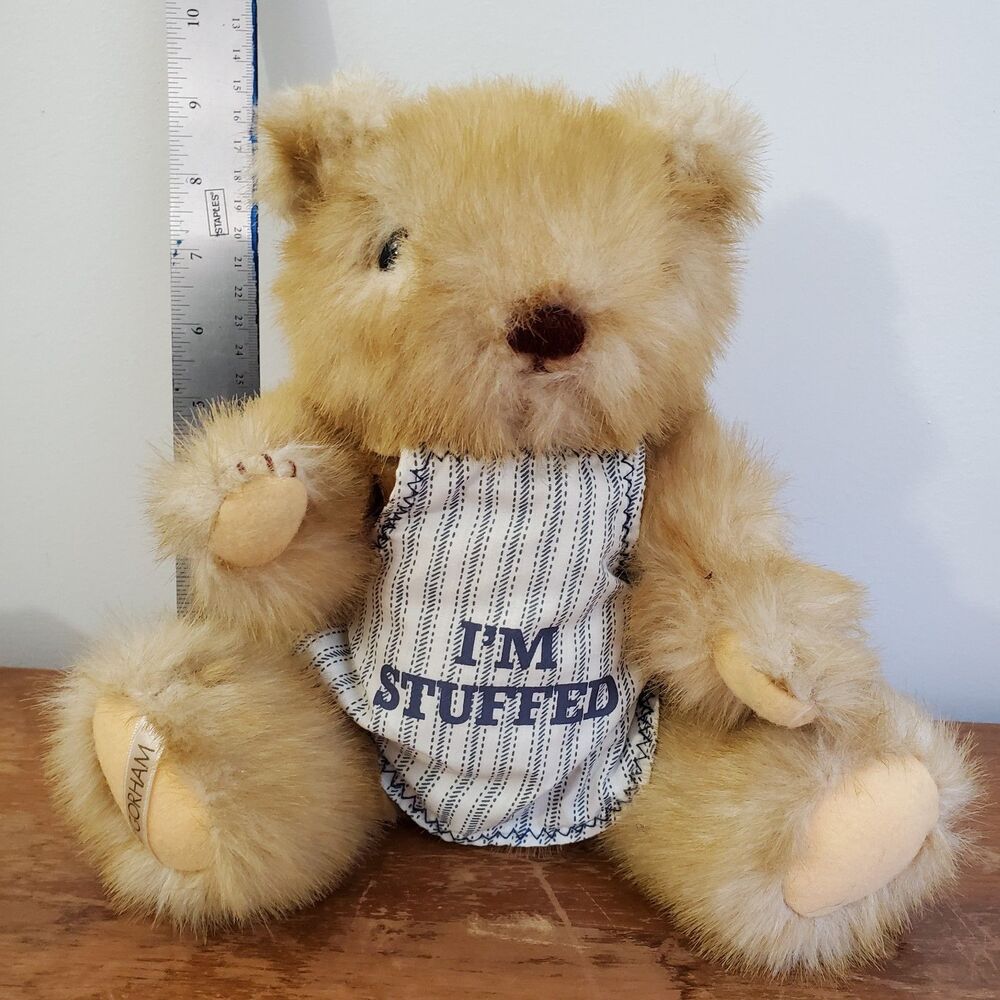Gorham Teddy Bear Plush Beige w Apron 10" 5-way Jointed Vintage 1986 Fuzzy Furry